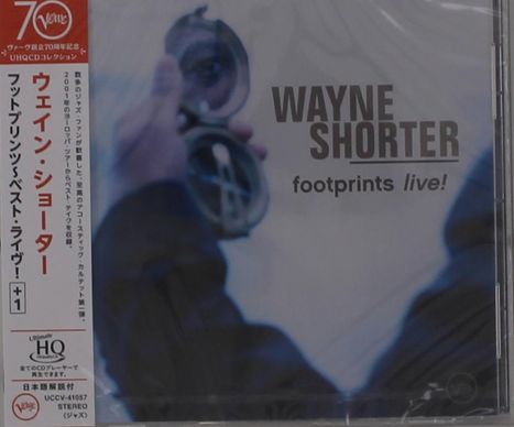 "Wayne Shorter footprints live!" auf grauem Hintergrund, zeigt eine Hand mit einem geöffneten Kompass.