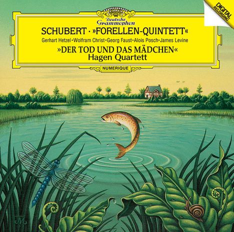Text: Schubert "Forellen-Quintett", "Der Tod und das Mädchen", Hagen Quartett. Illustration: Forelle springt aus Fluss, Libelle oben.
