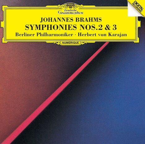 JOHANNES BRAHMS SYMPHONIES NOS. 2 & 3 Berliner Philharmoniker, Herbert von Karajan. Geometrisches Muster in Blau und Rot.