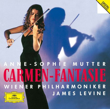 Anne-Sophie Mutter spielt Geige, Titel: "Carmen-Fantasie", Wiener Philharmoniker, James Levine. Elegant im schwarzen Kleid.