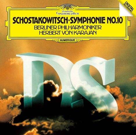 "Schostakowitsch-Symphonie No.10", "Berliner Philharmoniker", "Herbert von Karajan". Großes "DS" über Wolken.
