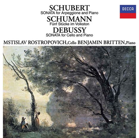 Schubert, Schumann, Debussy, Decca Logo; Illustration zeigt Natur mit großen Bäumen und Figuren darunter.
