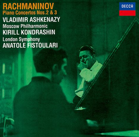 Rachmaninov Piano Concertos Nos. 2 & 3, Vladimir Ashkenazy. Blaues und grünes Farbschema, Decca-Logo oben rechts.