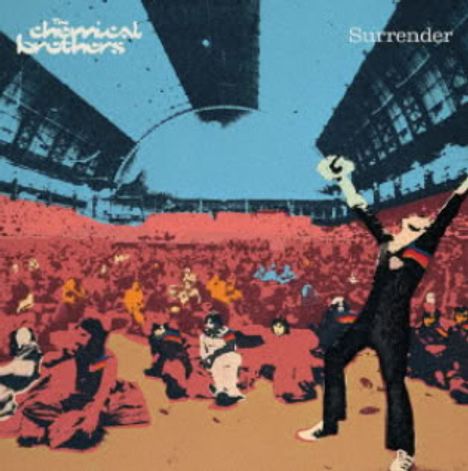 Die Texte sind "The Chemical Brothers" und "Surrender". Illustration einer jubelnden Menschenmenge in einem Stadion.