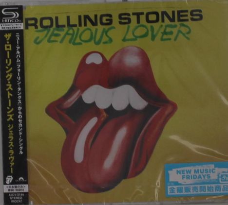 "ROLLING STONES" und "JEALOUS LOVER" stehen über einem Logo mit roten Lippen und ausgestreckter Zunge.