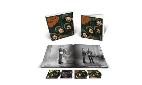 "Rubber Soul" steht in orange Schrift auf zwei Albumcovers, darunter ein offenes Buch mit Bildern und weitere Cover.