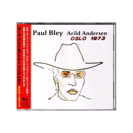 "Paul Bley Arild Andersen OSLO 1973." Ein einfaches Porträt einer Person mit Hut, skizzenhaft gezeichnet.