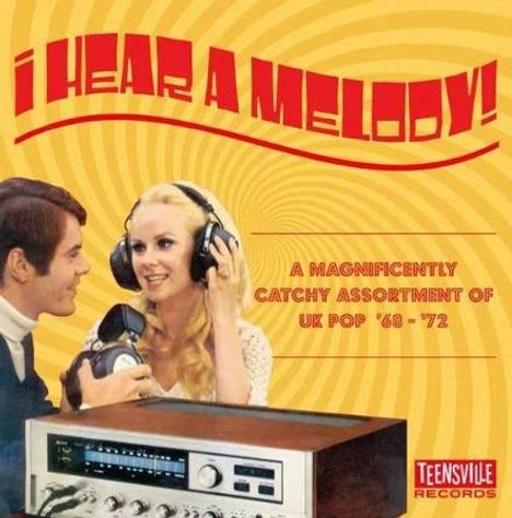 "I Hear a Melody! A magnificently catchy assortment of UK Pop '68 - '72. Teensville Records. Retro-Paar mit Kopfhörern."