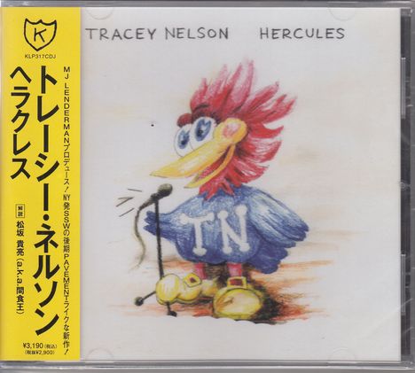 "TRACEY NELSON HERCULES" oben, bunter Vogel mit rotem Kamm, gelbem Schnabel, blauen Federn, "TN" auf dem Bauch.