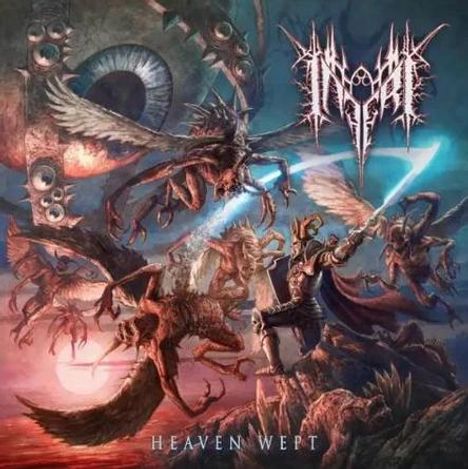 Logo oben: Unleserlicher Stil. Unten: "HEAVEN WEPT". Szene: Krieger mit Schwert kämpft gegen geflügelte Monster.