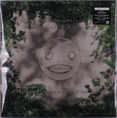 Text: "NieR: Automata", "NieR Gestalt & Replicant", "Original Soundtrack Vinyl Set", "Reconstructed Edition".  
Illustration: Grinsendes Gesicht umgeben von Blättern.