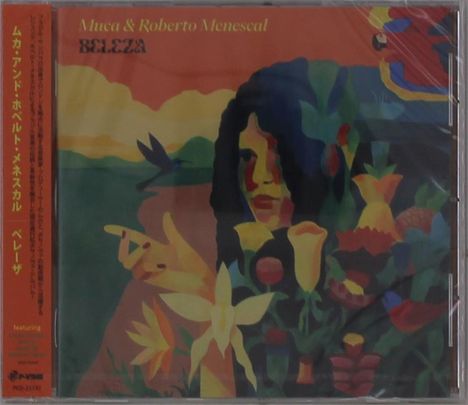 Cover mit Text "Muca & Roberto Menescal", "BELEZA". Illustration: Frau, Blumen, bunte Formen, tropische Szene.