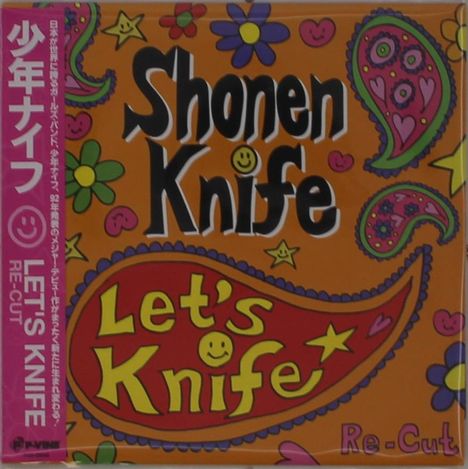 "Shonen Knife", "Let's Knife", "Re-Cut" in verspielter Schrift. Farbenfrohe Blumen- und Herzmuster im Hintergrund.