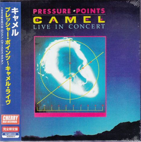 "Pressure Points: Camel Live in Concert" steht oben. Eine stilisierte Zielscheibe über einem verschwommenen Kopf.