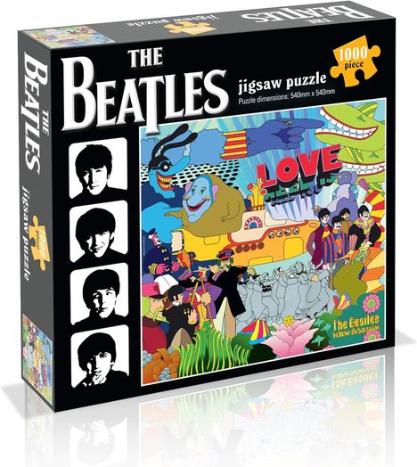 "The Beatles", 1000-teiliges Puzzle. Buntes, psychedelisches Design mit einem gelben U-Boot und den Bandmitgliedern.