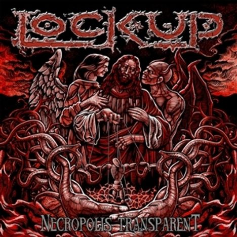 Oben steht "LOCK UP", unten "NECROPOLIS TRANSPARENT". 
Eine Illustration zeigt Figuren, darunter ein Engel und ein Dämon.
