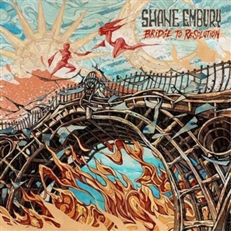 "Shane Embury Bridge to Resolution." Illustration eines brennenden Brückenbogens mit zwei Figuren und surrealer Landschaft.