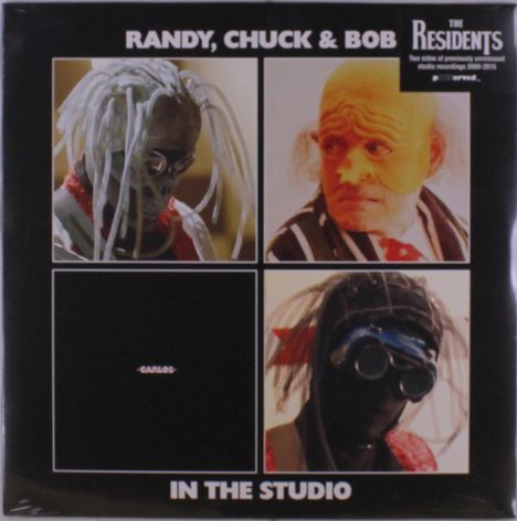 "RANDY, CHUCK & BOB", "The Residents", "CARLOS", "IN THE STUDIO". Vier Bilder, drei maskiert, eines schwarz mit Text.