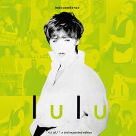 Text: "independence", "lulu", "4 x cd / 1 x dvd expanded edition". Schwarz-weißes Porträt vor gelbem Hintergrund mit Fotocollage.