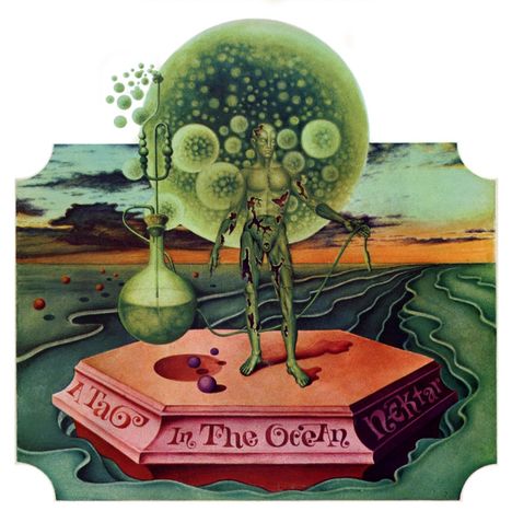 Text: "A Tab in the Ocean", "Nektar". Illustration: Ein humanoides Wesen steht vor einer surrealen, organischen Landschaft.