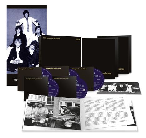 Texte: "from genesis to revelation". CD-Boxset mit CDs, Buch und Fotos einer Band in Schwarz-Weiß.