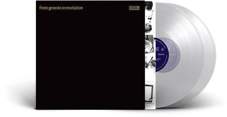 "From genesis to revelation" in goldener Schrift auf schwarzem Hintergrund. Eine klare Vinyl-Schallplatte ist sichtbar.