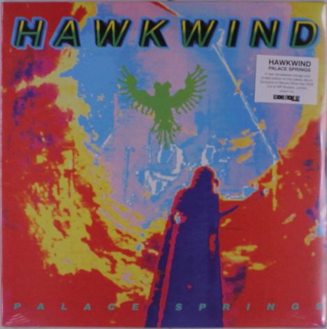 HAWKWIND oben, PALACE SPRINGS unten. Illustration mit einem Schatten einer Person und einem stilisierten Adler.