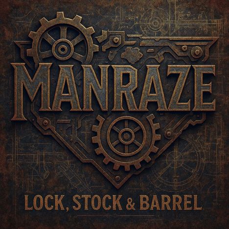 „Manraze“ und „Lock, Stock & Barrel“ in metallischem Stil mit Zahnrädern und technischen Zeichnungen im Hintergrund.