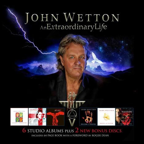 Text: "John Wetton - An Extraordinary Life", "6 studio albums plus 2 new bonus discs". Albumcover, Mann, Blitz, Berglandschaft.