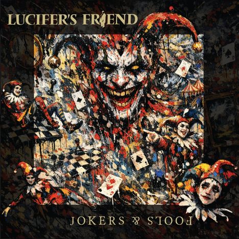 "Lucifer's Friend" oben, "Jokers & Fools" unten. Illustration mit grinsendem Joker, Karten und bunten Narren.
