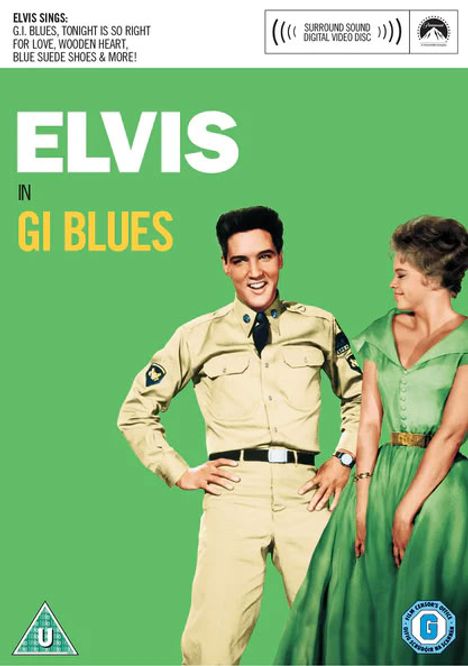 "ELVIS in GI BLUES". Elvis in Uniform, lächelnd neben Frau in grünem Kleid, grüner Hintergrund mit Filmklassifizierungen.