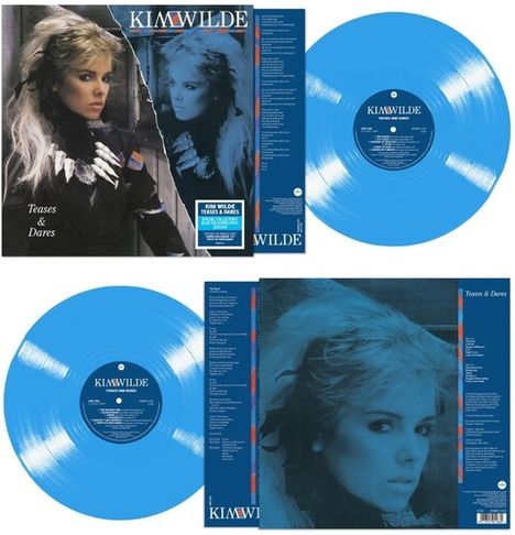 "Kim Wilde" ist groß zu sehen. Zwei blaue Schallplatten zeigen dieselben Texte. Frau mit blondem Haar, ernstes Gesicht.