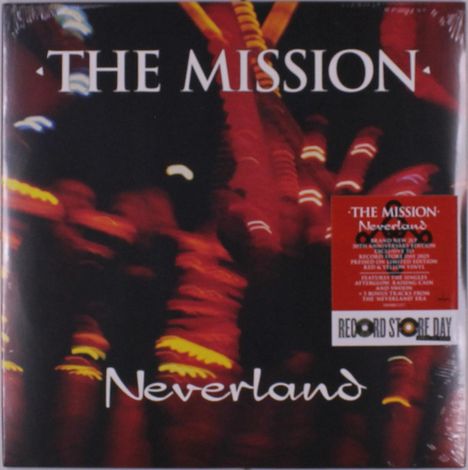"The Mission" und "Neverland" in weißer Schrift auf einem verschwommenen, rot-schwarzen Hintergrund mit leuchtenden Linien.
