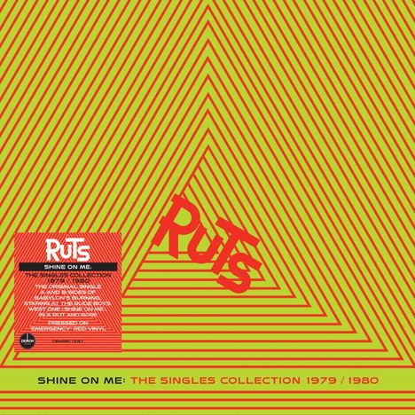 Texte: "RUTS", "SHINE ON ME: THE SINGLES COLLECTION 1979/1980". Illustration: Rote, schräge Linien auf gelbem Hintergrund.