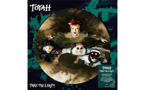 "TOYAH" und "TAKE THE LEAP!" oben und unten. Vier Personen blicken von unten nach oben. Vintage-Stil.
