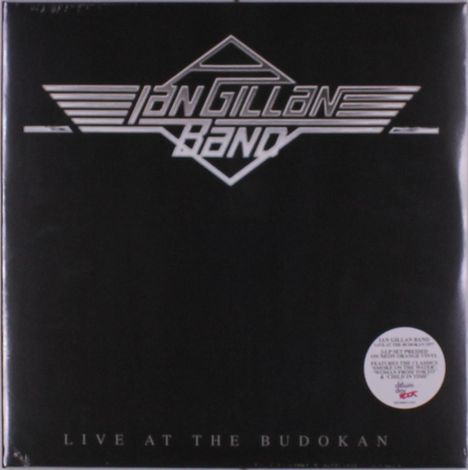 Text: "Ian Gillan Band", "Live at the Budokan". Schwarzer Hintergrund, zentrales Bandlogo, weißer Text und geometrisches Design.