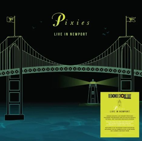 "Pixies", "Live in Newport", "Record Store Day". Eine Brücke und ein Leuchtturm in minimalistischer Illustration.