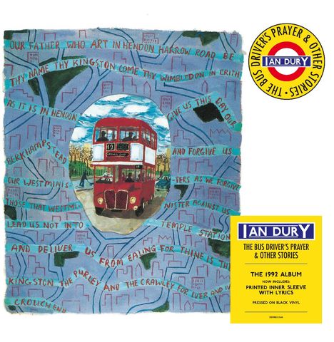 Die Texte beschreiben eine Busroute, beginnend mit "OUR FATHER WHO ART IN HENDON..." Ein roter Doppeldeckerbus ist gemalt.