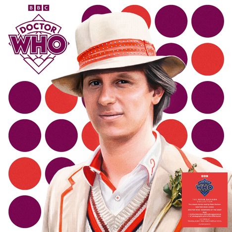 "BBC Doctor Who" und "The Peter Davison Collection" stehen neben einer Illustration eines Mannes in Tracht, umgeben von bunten Kreisen.