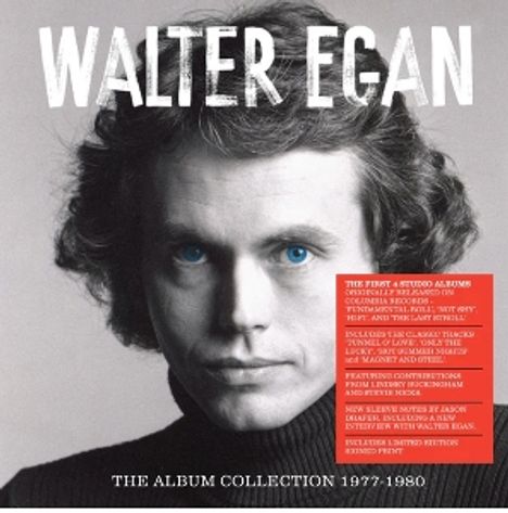 Text: "WALTER EGAN", "THE ALBUM COLLECTION 1977-1980". Schwarzweiß-Porträt eines Mannes mit einem roten Textblock rechts.