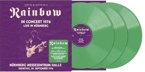 "Rainbow In Concert 1976 Live in Nürnberg." Drei grüne Schallplatten, lila Hülle mit Gitarrist und Text über Konzertdetails.