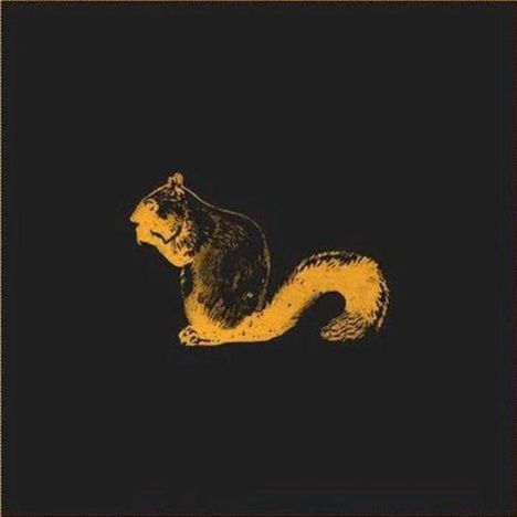 Ein gelb-oranges Eichhörnchenprofil auf schwarzem Hintergrund, stilisiert und schlicht gezeichnet.