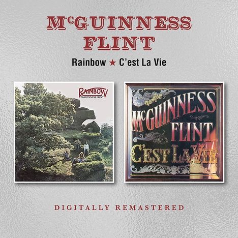 Text: "MCGUINNESS FLINT", "Rainbow * C'est La Vie", "DIGITALLY REMASTERED". Zwei Albumcover, Natur und dekorativer Text.