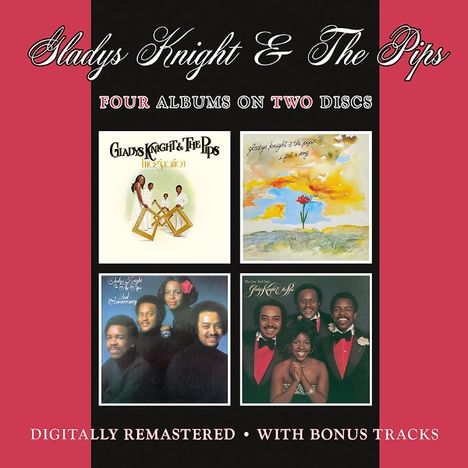 Text oben: "Gladys Knight & The Pips" und darunter "FOUR ALBUMS ON TWO DISCS". Vier Albumcover in einem Raster.