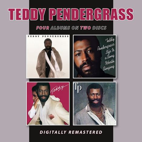 "Teddy Pendergrass. Four albums on two discs. Digitally remastered." Vier Albumcover von Teddy Pendergrass.