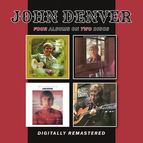 "JOHN DENVER, FOUR ALBUMS ON TWO DISCS, DIGITALLY REMASTERED." Vier Albumcover von John Denver in einem Raster.