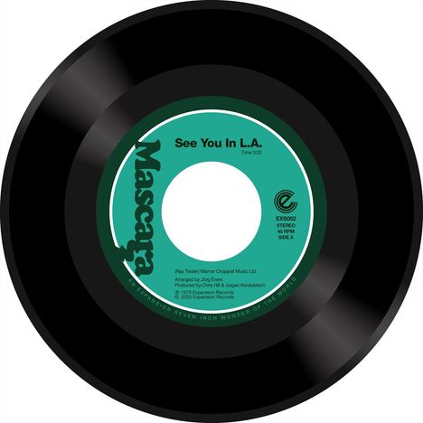 Schallplatten-Druck "See You In L.A.", "Mascara", grün-schwarzes Design mit mittigem Loch und kreisförmigem Text.