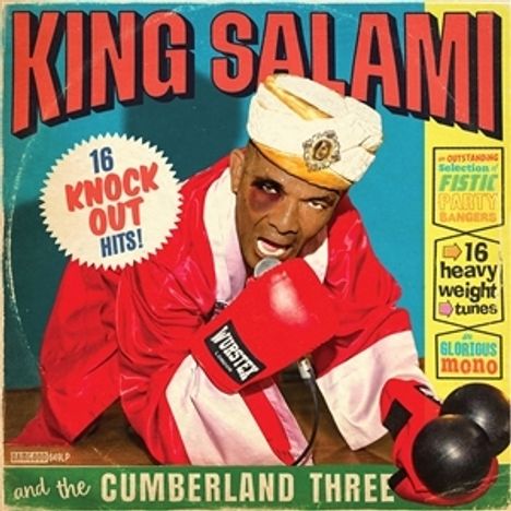 „KING SALAMI“, „16 KNOCK OUT HITS!“, Person im Boxer-Outfit mit Turban und Boxhandschuhen. Retro-Stil.