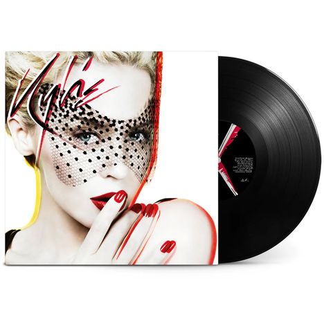 „Kylie“ in schwungvoller Schrift. Eine Frau mit gepunktetem Netz vor dem Gesicht, roten Lippen und Fingernägeln. Vinyl-Schallplatte.