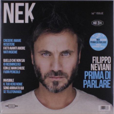 Text: "NEK, FILIPPO NEVIANI, PRIMA DI PARLARE, credere amare resistere, invisibile". Im Zentrum ist das Gesicht eines Mannes.